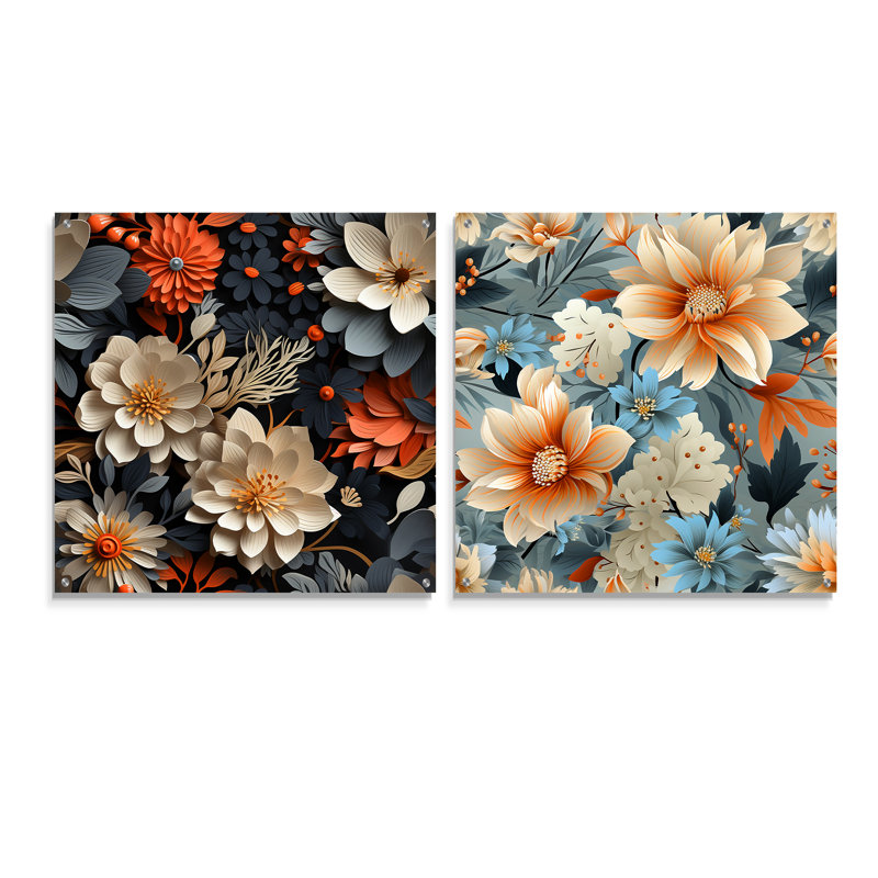Harmonie florale bleue et blanche - ensemble d'art mural en verre acrylique floral, H 16 po x l 33 po