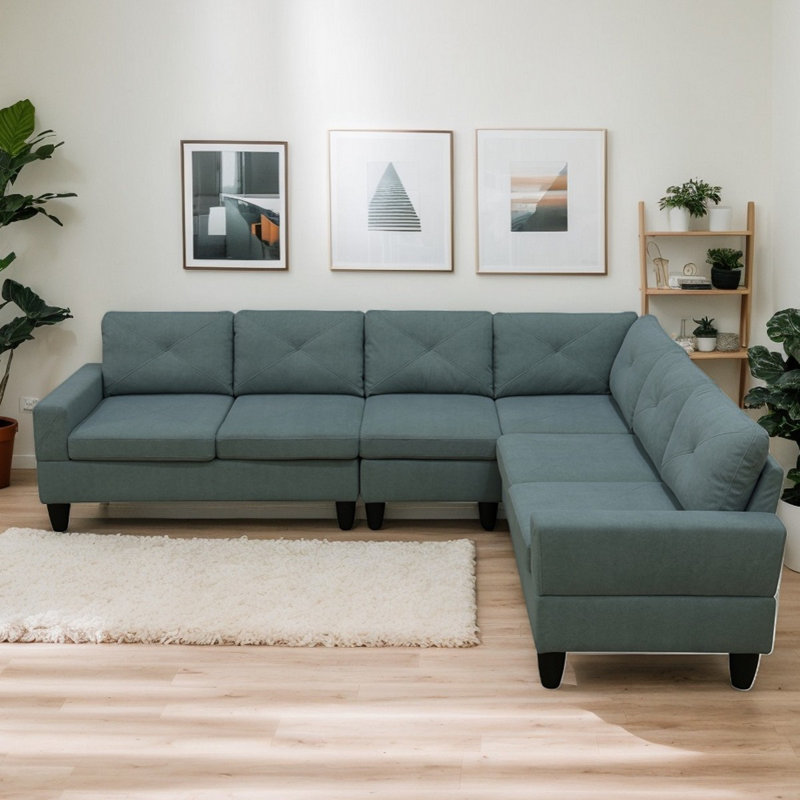 Modular Sectional Sofa Convertible L Shaped Sofa Couch 6 Seat Comfy Modular Sofa Couch For Living Room, Gray/Blue Fabric