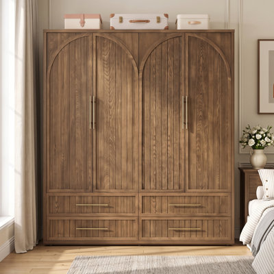 Modern Solid Wood 4-Door Armoire Wardrobe Closet with 4 Drawers, Hanging Rods & Shelves, Warm Brown Oak