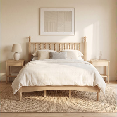 Solid Wood Retro Platform Bed with Gourd Spindle Headboard and Slat Support, No Box Spring Required, Multiple Sizes and Finishes