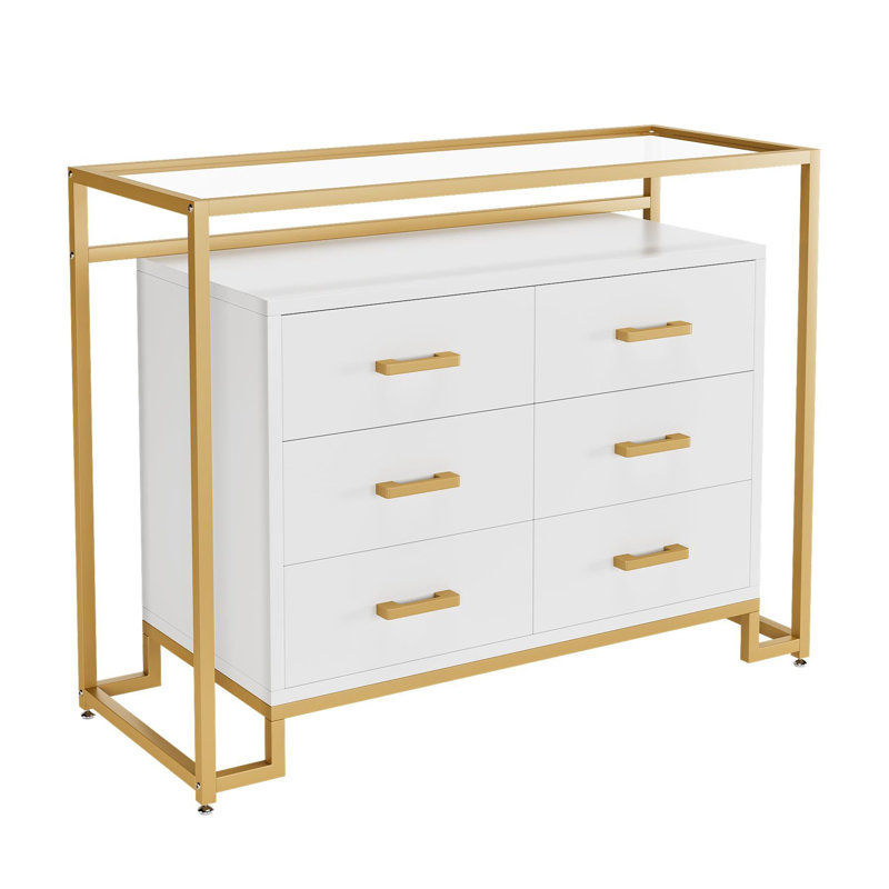 Commode 6 tiroirs Wiggo, Blanc / Doré