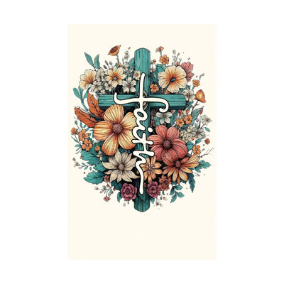 Floral Cross Flag, Teal 12x18 inch (30 x 45cm) Porch Courtyard
