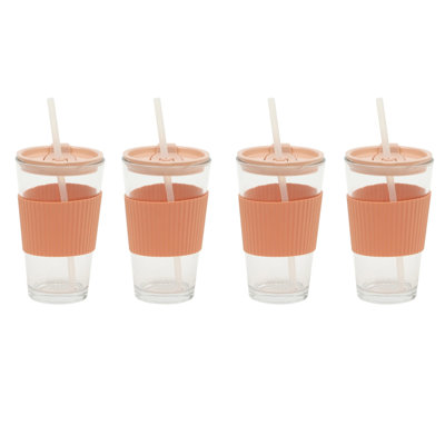 Ensemble de 4 gobelets en verre transparent Mr. Coffee de 44 cl (15 oz) avec paille et couvercle, rose