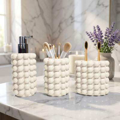 Better Trends Nova Collection Bubble Textured 3-Piece Bathroom Accessories Set, Resin Soap Dispenser, Toothbrush Holder & Tumbler Cup for Bathroom Countertop, Ivory