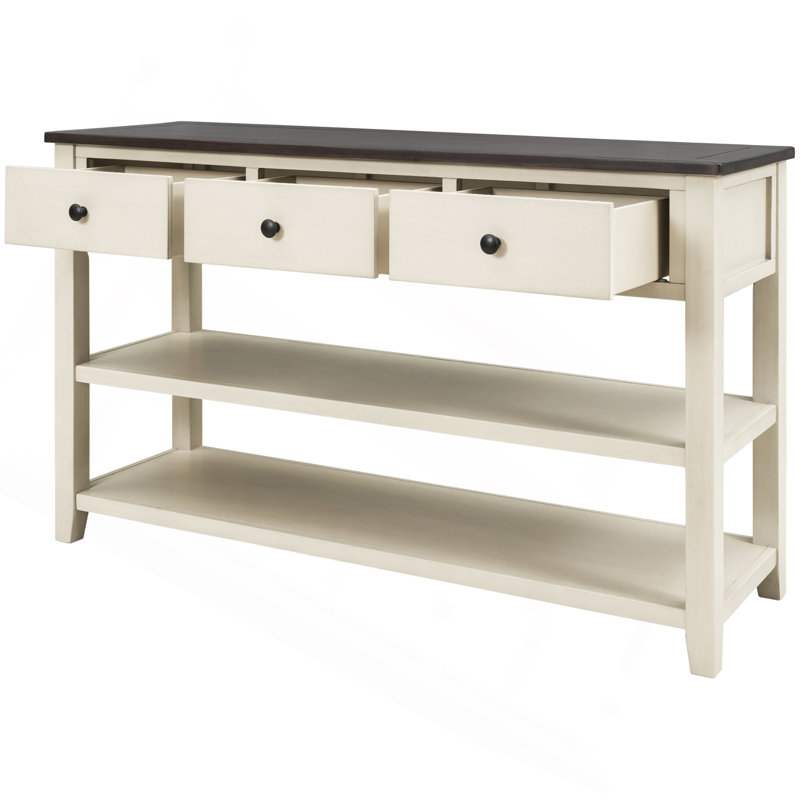 Console rétro avec deux tablettes ouvertes, structure en bois de pin massif et pieds pour le salon, Brun / Beige