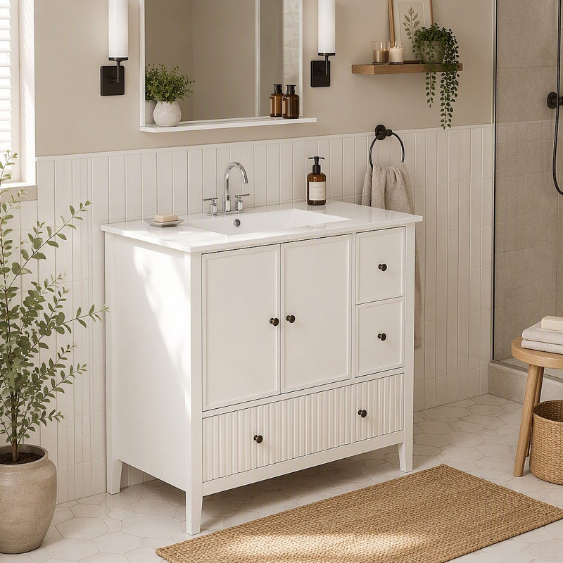 Ensemble de meuble-lavabo 36 po avec lavabo, armoire de rangement pour salle de bain avec portes et tiroirs, meuble-lavabo moderne avec surface peinte
