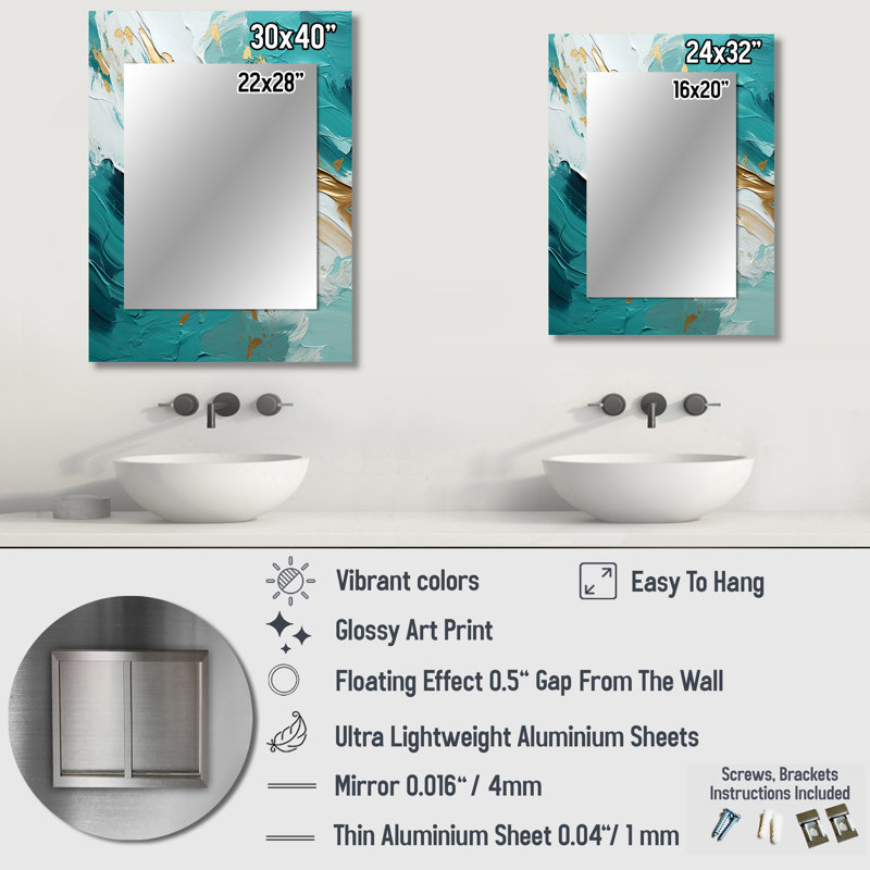 Golden Morning Glory Painting Gold On Teal - Midcentury Modern Mirror, Modern Decorative Wall Mirror, Printed Metal Art