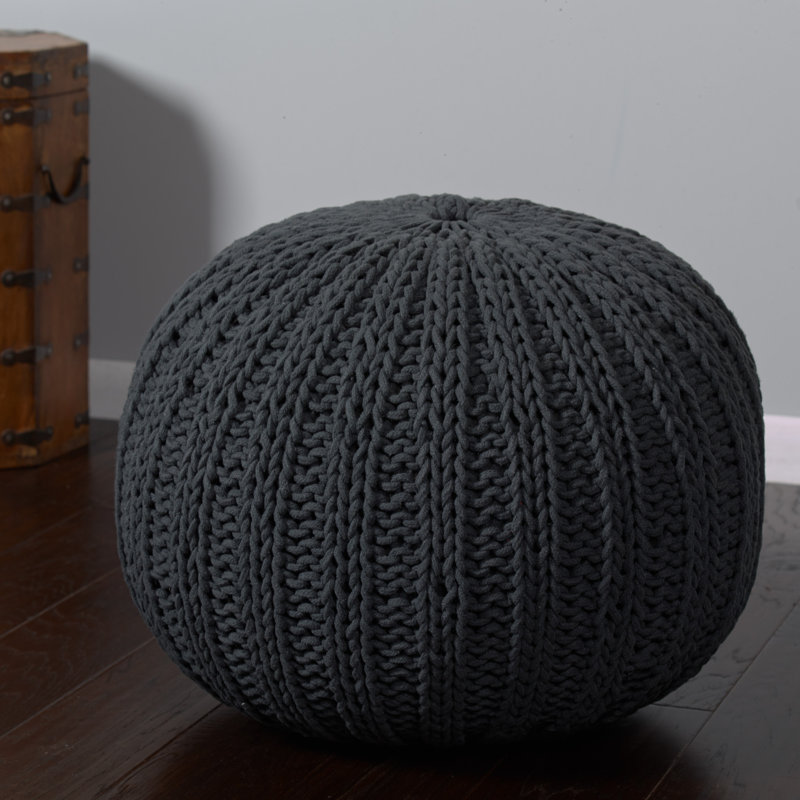 20" Beige Cotton Round Pouf Ottoman, Black