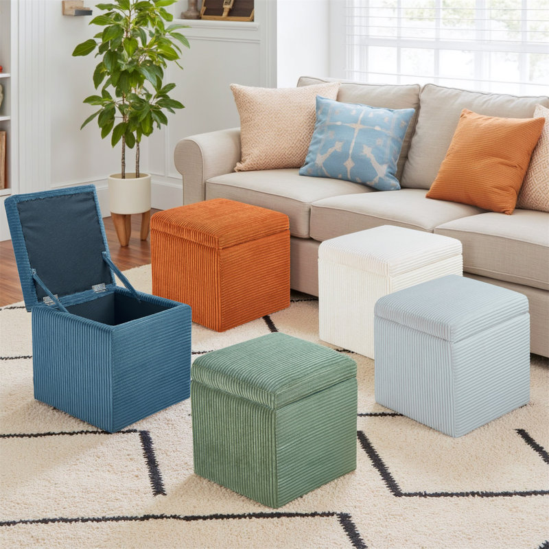 Corduroy Cube Ottoman Foot Rest With Hidden Storage – Small Square Storage Ottoman Bench For Bedroom Or Living Room, Beige