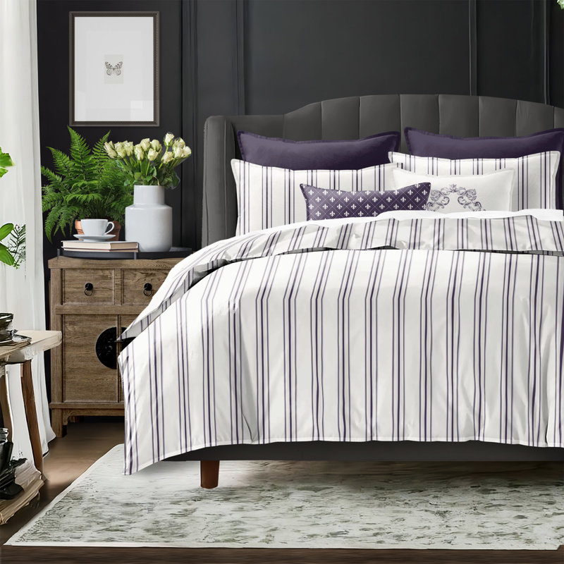 August Stripe Reversible Cotton Duvet Cover Set, King Duvet Cover + 2 King Shams, Eggplant