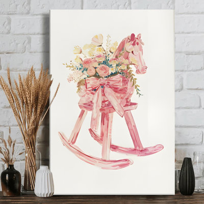 Whimsical Pink Rocking Horse Watercolor Style Nursery - Watercolor Wall Art Print on Gallery Wrapped Canvas, 36" H x 24" W, Ready to Hang