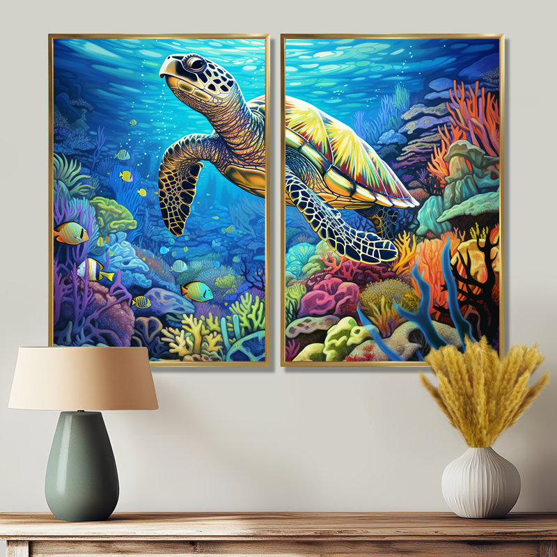 «Blue Sea Turtle World» - art mural bleu, H 36 po x l 48 po, Reproduction encadrée sans passe-partout, Doré