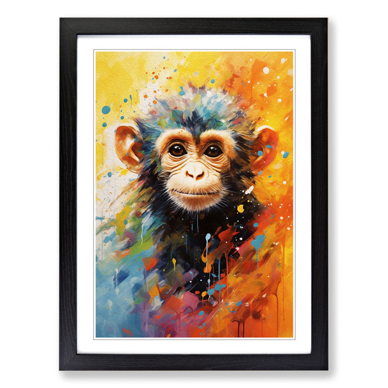 XYZ-FRM-V1223-4538 Monkey Impressionism - Single Picture Frame Print on Wood, 34cm H x 25cm W x 2cm D, Black 