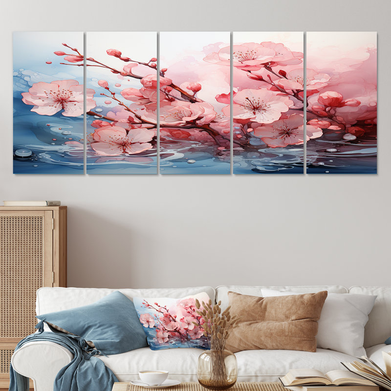 Cerisier blanc et rose Bloom VI - Art mural 5 pièces cerise pour le salon, H 28 po x l 60 po