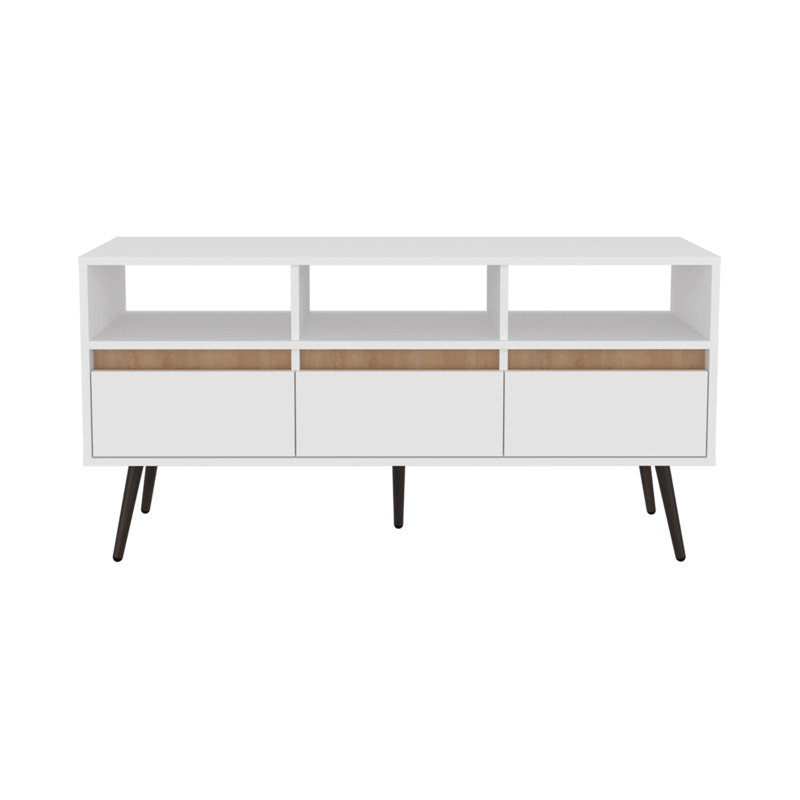 Meuble télé, 3 tiroirs, 3 tablettes, blanc / chêne naturel