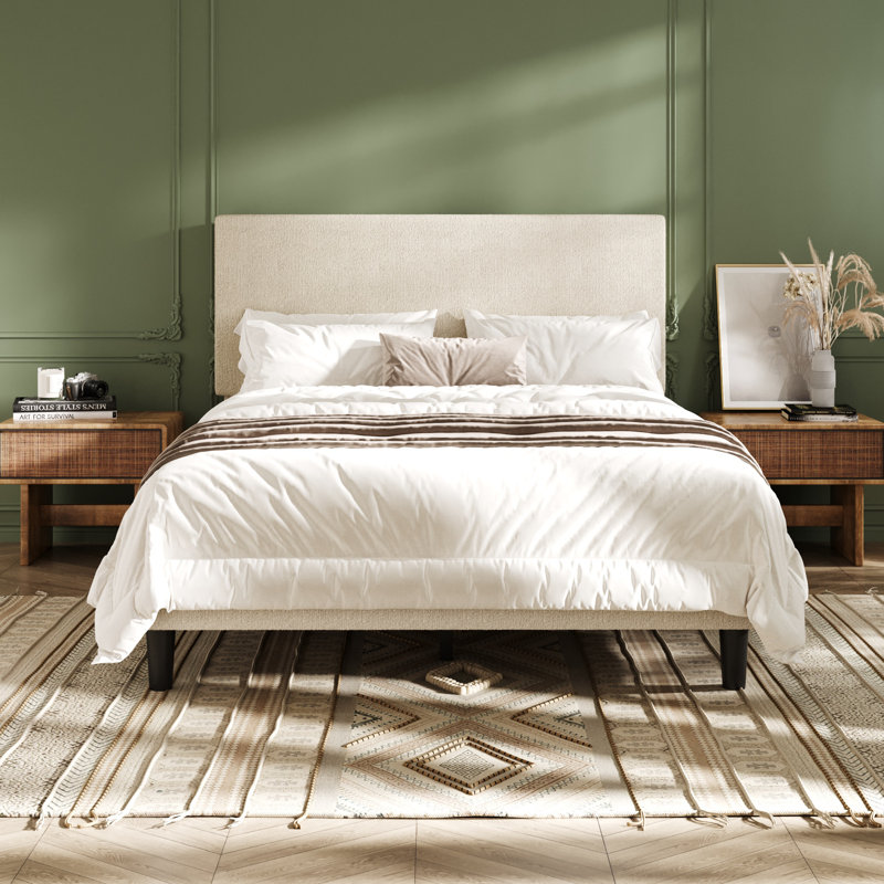 Structure de lit tapissier moderne avec tête de lit ajustable, tissu bouclé texturé, Crème, Lit double