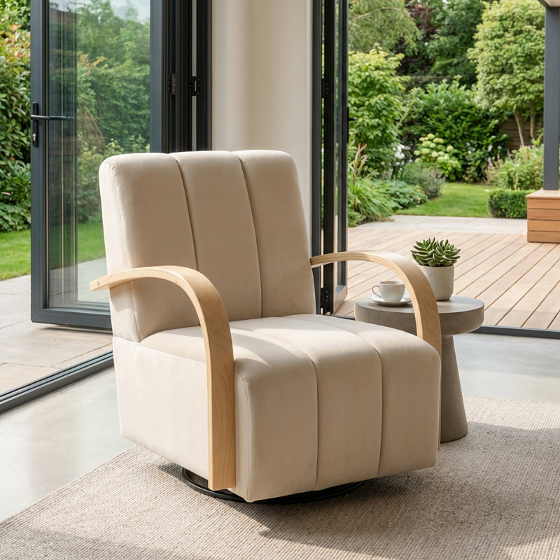 Chaise d'appoint moderne pivotante rembourrée avec accoudoirs en bois massif et conception capitonnée