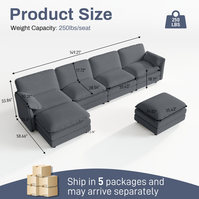 Kariba 149'' 6 - Piece Modular U Shape Sectional Sofa Cloud Couch With Ottomans, Gray Chenille