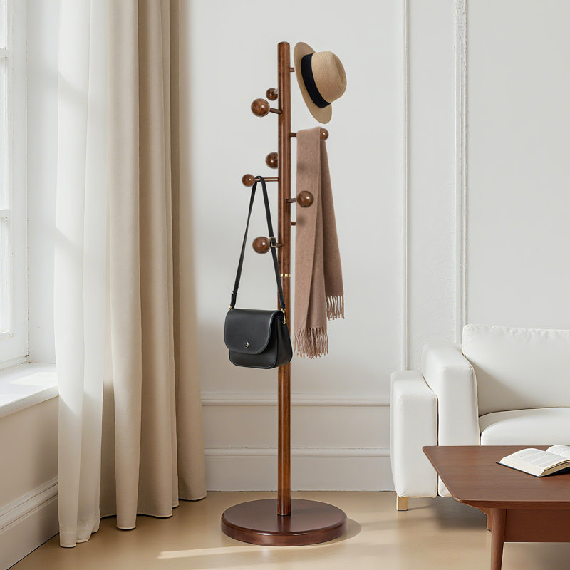 Solid Rubberwood Freestanding Coat Rack With 9 Hooks And Weighted Base