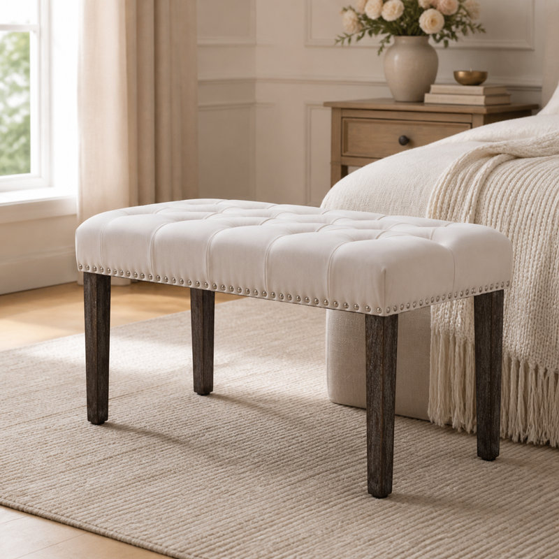 Pouf-banc en velours capitonné beige, 115,6 cm L x 43,2 cm l x 48,2 cm H, pieds en bois d'hévéa
