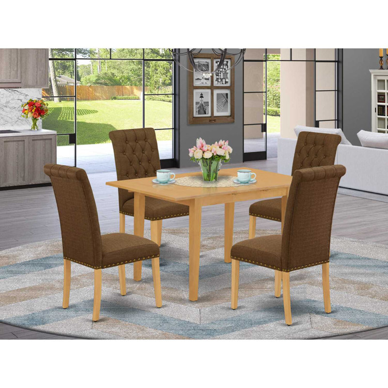 5-Piece Natural Oak Finish Solid Wood Top - Rectangular Dining Room Set with Butterfly Leaf - Seats 4, Dark Brown