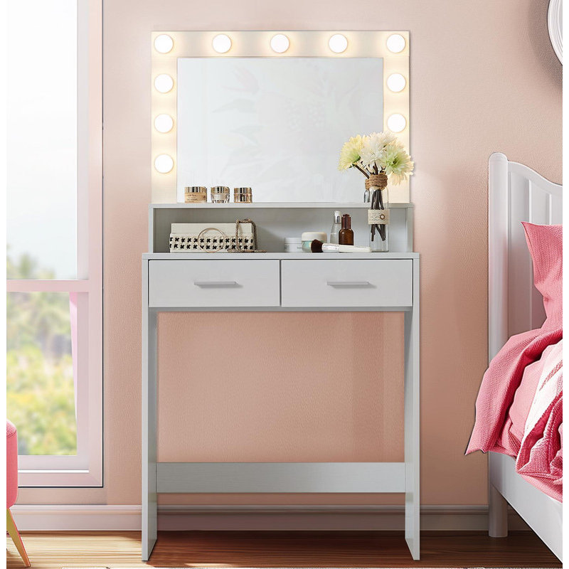Ensemble de coiffeuse illuminée - coiffeuse à maquillage avec miroir, 3 modes d'éclairage et 2 rangements de rangement