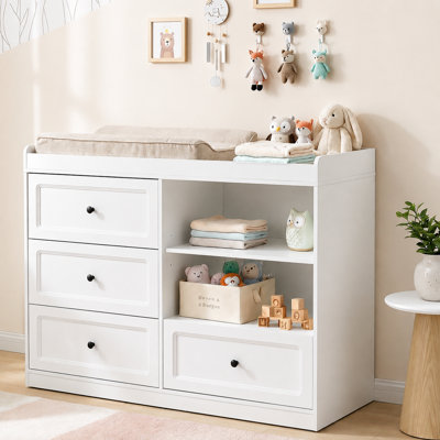 Commode à langer, commode pour chambre de bébé avec 4 tiroirs et tablettes réglables, table à langer en bois, blanc