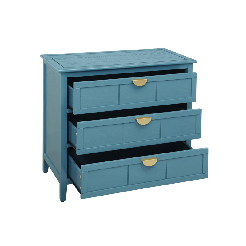 Commode 3 tiroirs de style Mid-Century moderne, commode décorative côtière bleu clair avec poignées en métal doré, armoire de rangement en placage de bois avec pieds en bois massif pour la chambre à coucher, vestibule