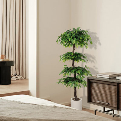 Ficus artificiel de 5 pi en pot, faux ficus réaliste avec des feuilles vertes luxuriantes, plante à feuilles persistantes artificielle pour la décoration intérieure et extérieure