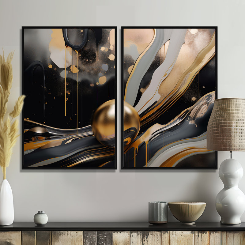 Or et marbré noir Euphoria II - art mural doré, 36" H x 48" W, Impression encadrée flottante, Black