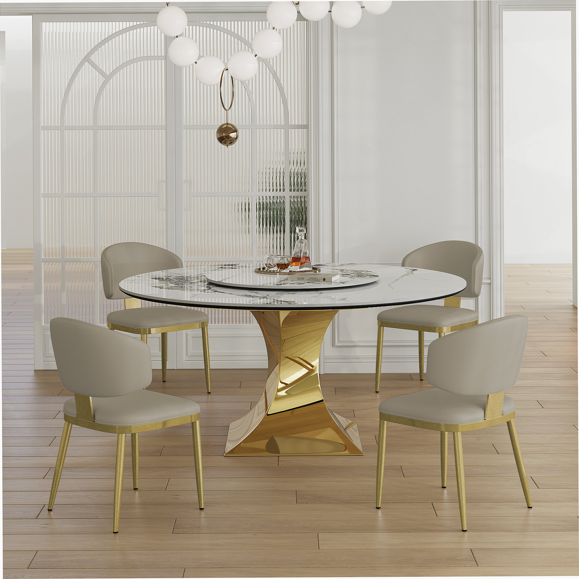 Everly Quinn 59" Round Sintered Stone Dining Table Set with Gold ...