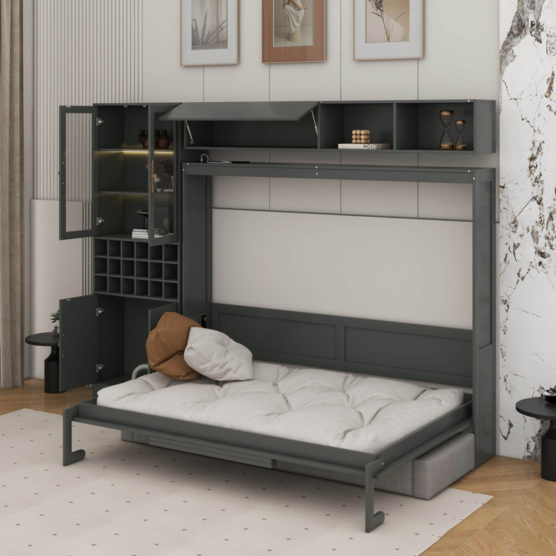 Lit escamotable double avec canapé, USB et lumière, Gris, Double