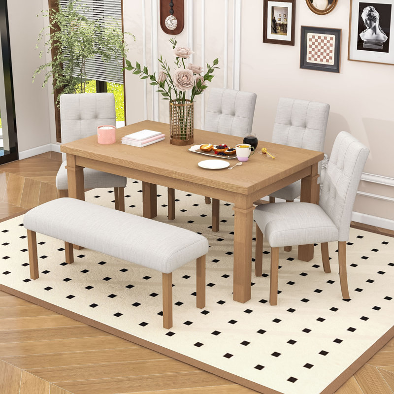 Ensemble de salle à manger 6 pièces en bois avec chaises rembourrées et banc, Naturel, Naturel / Beige