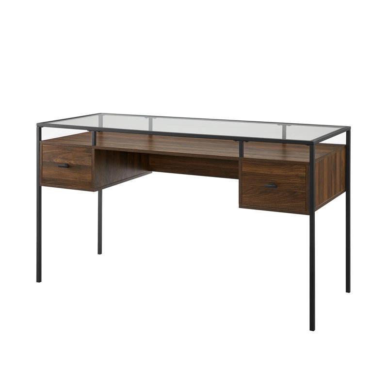 Glass Top Writing Desk, Dark Walnut