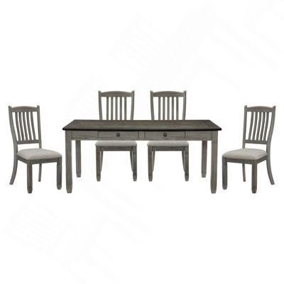 Antique Gray And 5-Piece Dining Set With Coffee Finish Table With 6X Drawers Upholstered 4X Side Chairs Casual Country Style Dining Room Furniture