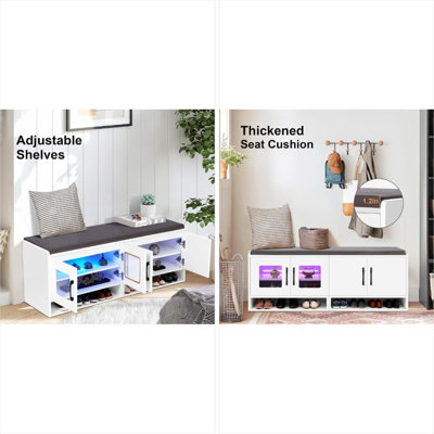 Banc à chaussures moderne avec éclairage ambiant, rangement pour porte en verre et coussin épaissi - étagère à chaussures à 3 niveaux avec deux grands compartiments de rangement pour l'entrée, le salon ou la chambre à coucher