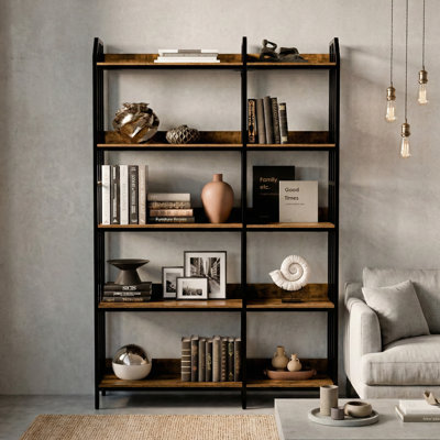 5-Tier Convertible Bookshelf, L-Shaped Corner Bookshelf or Double Wide Bookcase, Heavy Duty Industrial Wood and Metal Storage Shelf, Tall Bookcase for Living Room Home Office, Rustic Brown