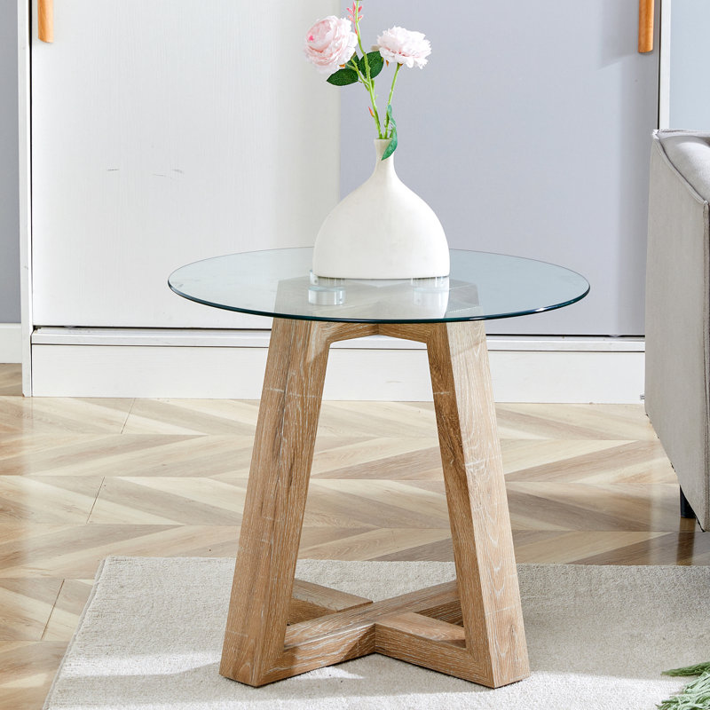 Modern And Practical Round Table: Clear Tempered Glass Top And Wood-coloured Mdf, Ideal For Living Rooms And Bedrooms