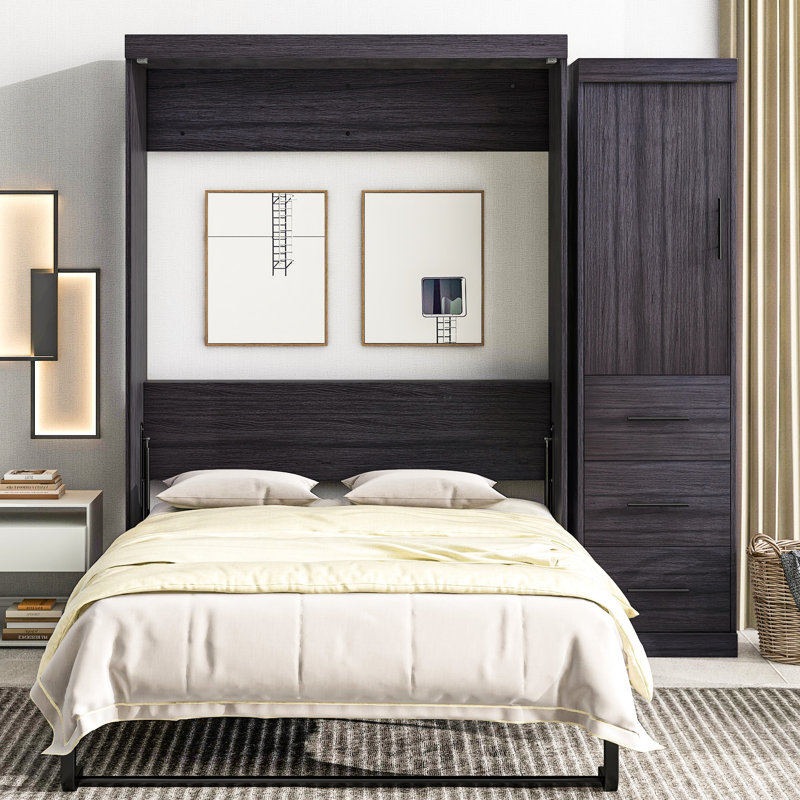 Lit de rangement pliant gris avec garde-robe et tiroirs fonctionnels pleine grandeur à options multiples, Lit double