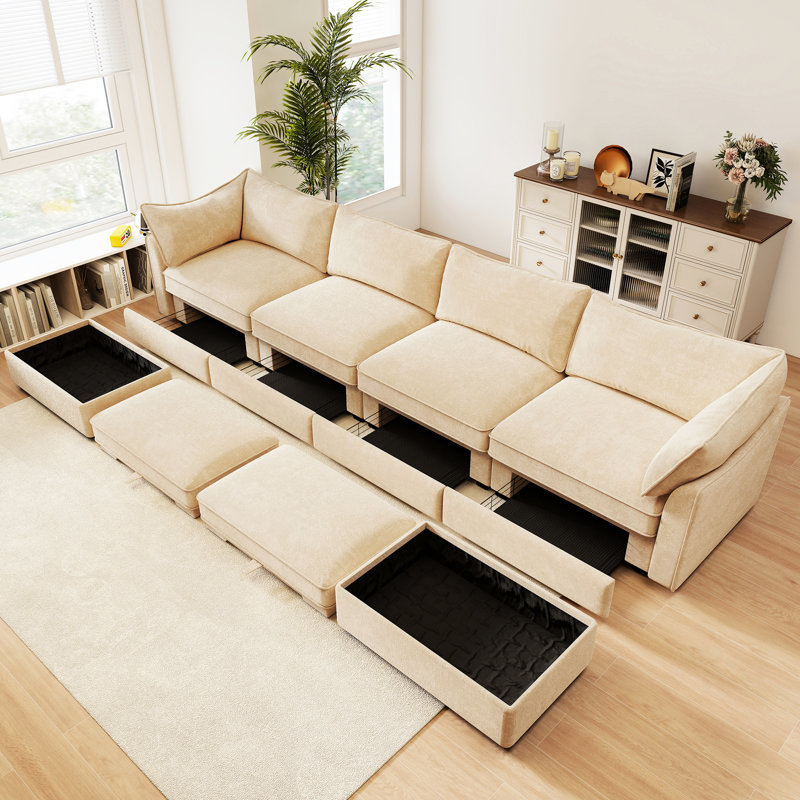 En forme de U à 4 places avec 2 repose-pieds mobiles, 6 rangements modulaires escamotables sous les sièges, chenille de blé, bordures de coussin passepoilées, structure en forme de croissant douce et résistante à l'usure, siège avec accoudoirs intégré
