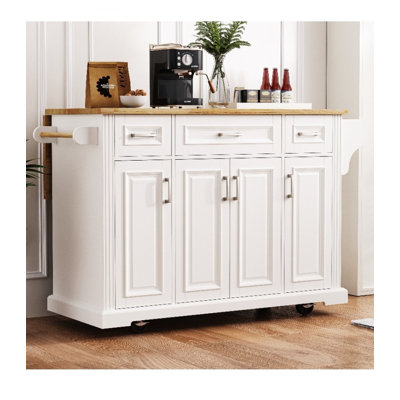 Large Kitchen Island with Rubber Wood Drop Leaf - Embossed Texture Rolling Cart (4 Wheels), 4 Doors & 3 Drawers for Kitchen/Dining Room by One Allium Way