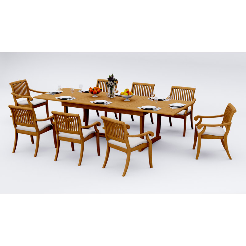 10 Seats 11 Pcs Grade-A Teak Wood Dining Set: 94" Double Extension Mas Rectangle Trestle Leg  Table And 10 Arbor Stacking Arm Chairs #11AB2110