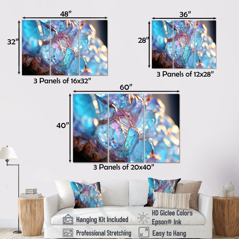 «Turquoise Crystal Structure», ensemble d'art mural abstrait, Toile tendue, H 40 po x l 60 po x P 1 po