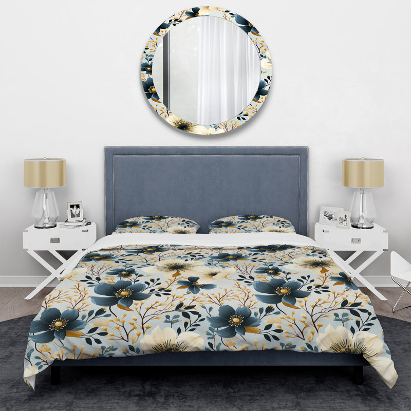 Ensemble de housse de couette à motif floral bleu et ivoire, Housse de couette pour très grand lit et 2 très