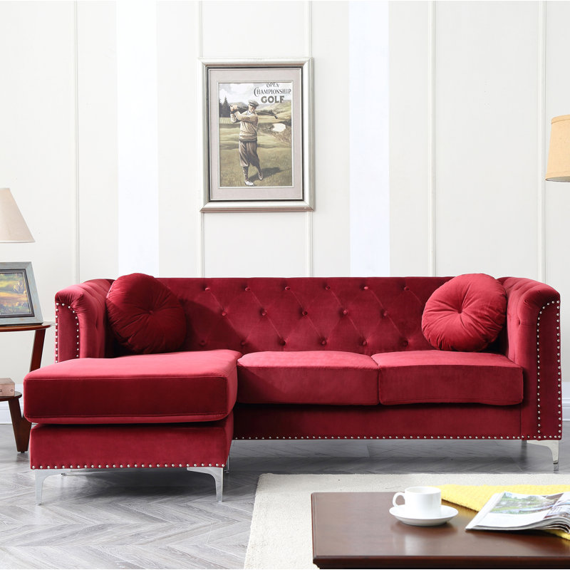 Emmerich Velvet L-Shaped Sectional Reversible, Burgandy