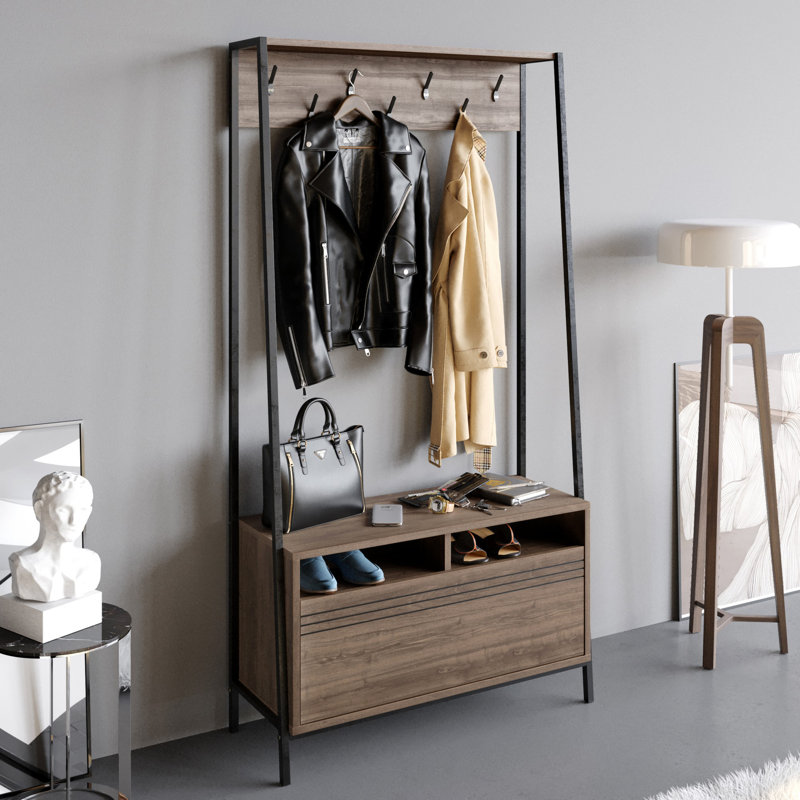 Cesarea Hall Tree with Bench and Shoe Storage, Walnut/Black