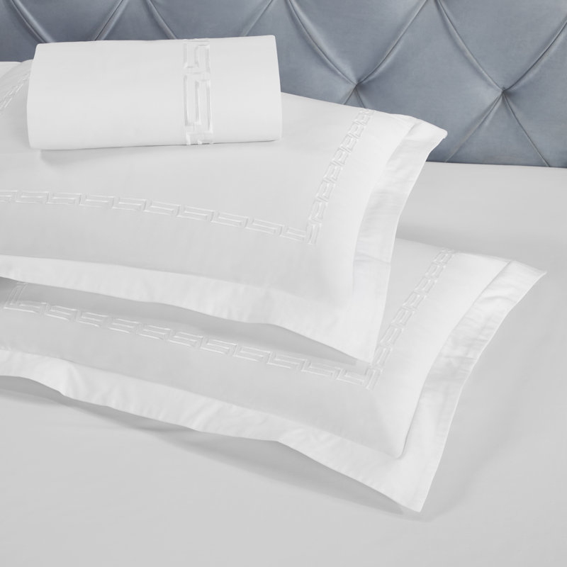 Harrison Cotton Greek Key Embroidered 3 Piece Duvet Cover Set by Superior, Full/Queen +2 Standard Shams, White/White