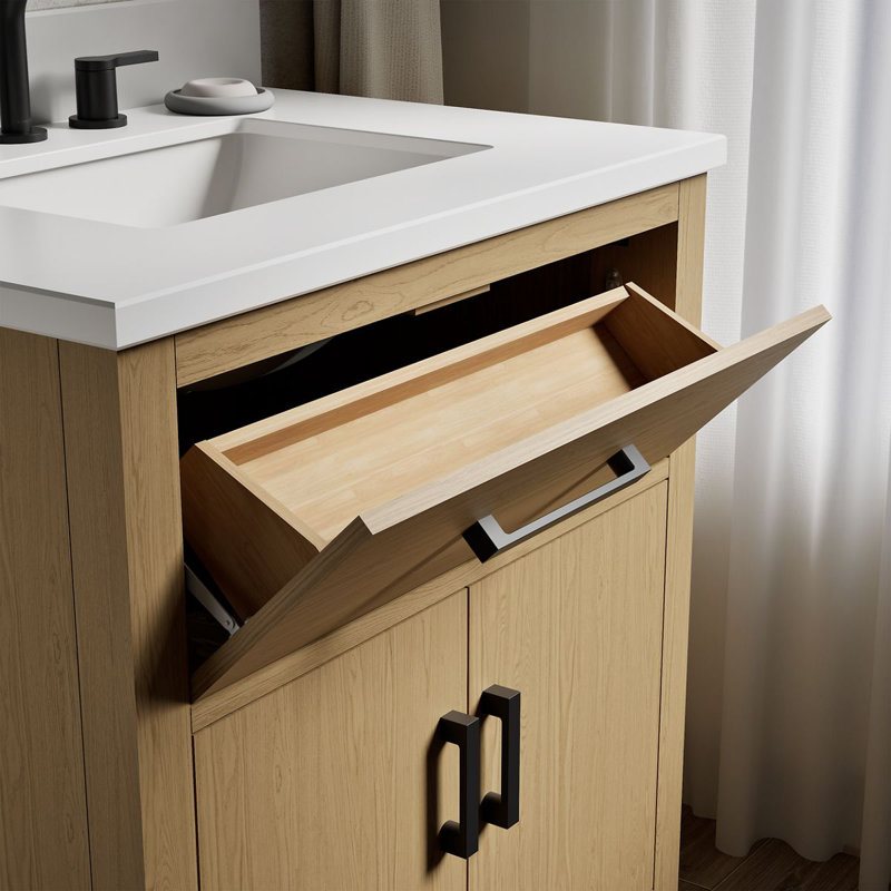 Kresla 30 In. Bathroom Vanity Cabinet With Sink And Quartz Top, Light Oak, Matte Black