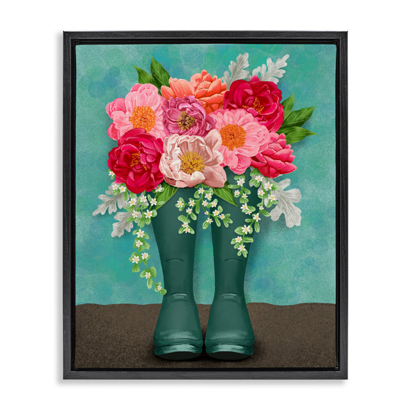Peony Rain Boots Bundle Floating Frame, design by Jilly Jack Designs, Jet Black Floater Frame, 21" H x 17" W