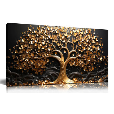 Art mural arbre pour salon - photos dorées et noires pour chambre à coucher - décoration murale moderne pour bureau de taille 20 po x 40 po